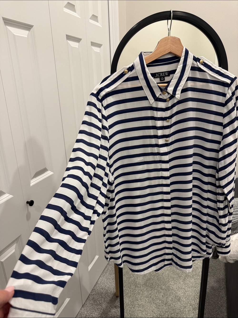 J. Crew Navy and White Striped SILK Button-Down Shirt, NOTE FLAW!